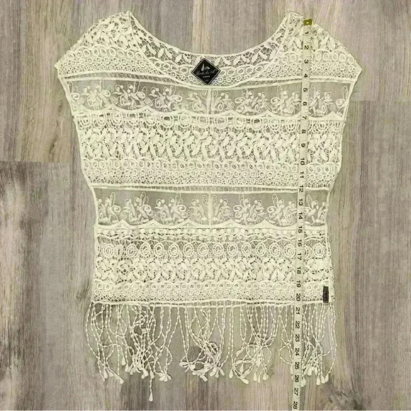 Blanc du Nil Sheer White Crochet Lace Sleeveless Top Swim Cover Up Fringe Size M - Picture 4 of 8